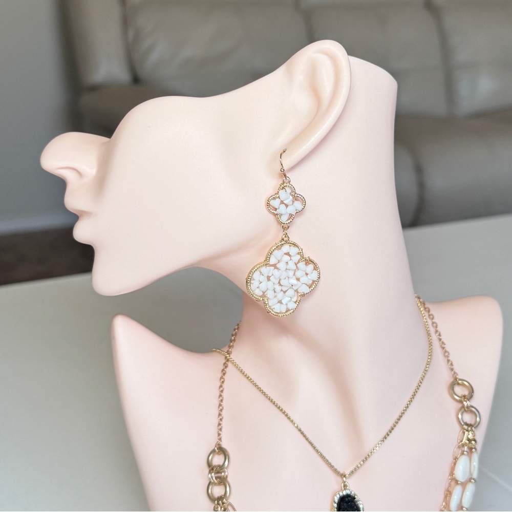 Gold-Tone White Clover Drop Earrings